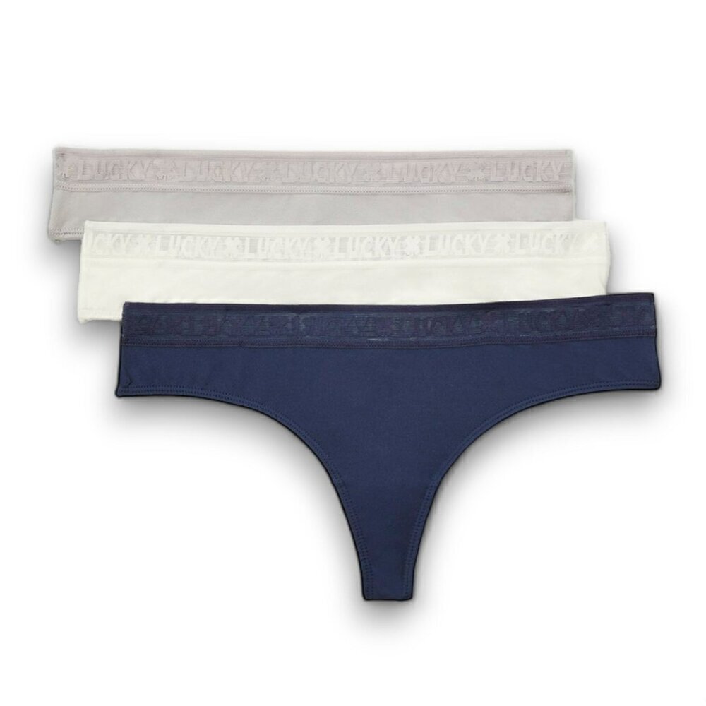 NWT Lucky Brand Women's 3-Pack Logo Elastic Waist Linen-Cotton Blend Thong Panti